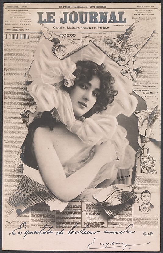 Manipulacja - fotomontaż z 1910 roku: Woman Bursting Through Le Journal Newspaper