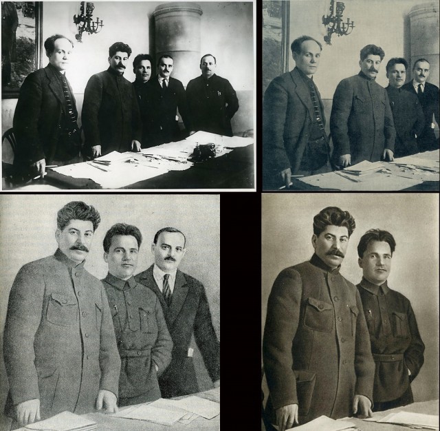 Chronologia popadania w niełaskę towarzyszy, od lewej na pierwszym zdjęciu: Nikolai Antipov, Stalin, Sergei Kirov, Nikolai Shvernik, Nicolay Komarov na konferencji w Leningradzie. Pierwsze zdjęcie rok: 1926, kolejne: 1936, 1948, 1949