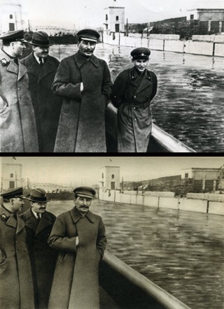 Wizytacja kanału w Moskwie rok 1937 i 1940 - morderca o twarzy i ciele dziecka "krwawy karzeł", Jeżow, zniknął z fotografii wkrótce po wykonaniu na nim egzekucji
